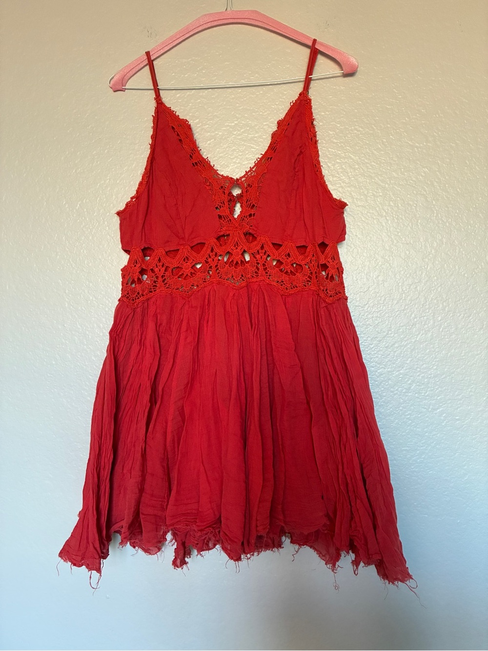 Free People One Red Crochet Lace Cutout Mini Dress Boho Frayed Hem Size M